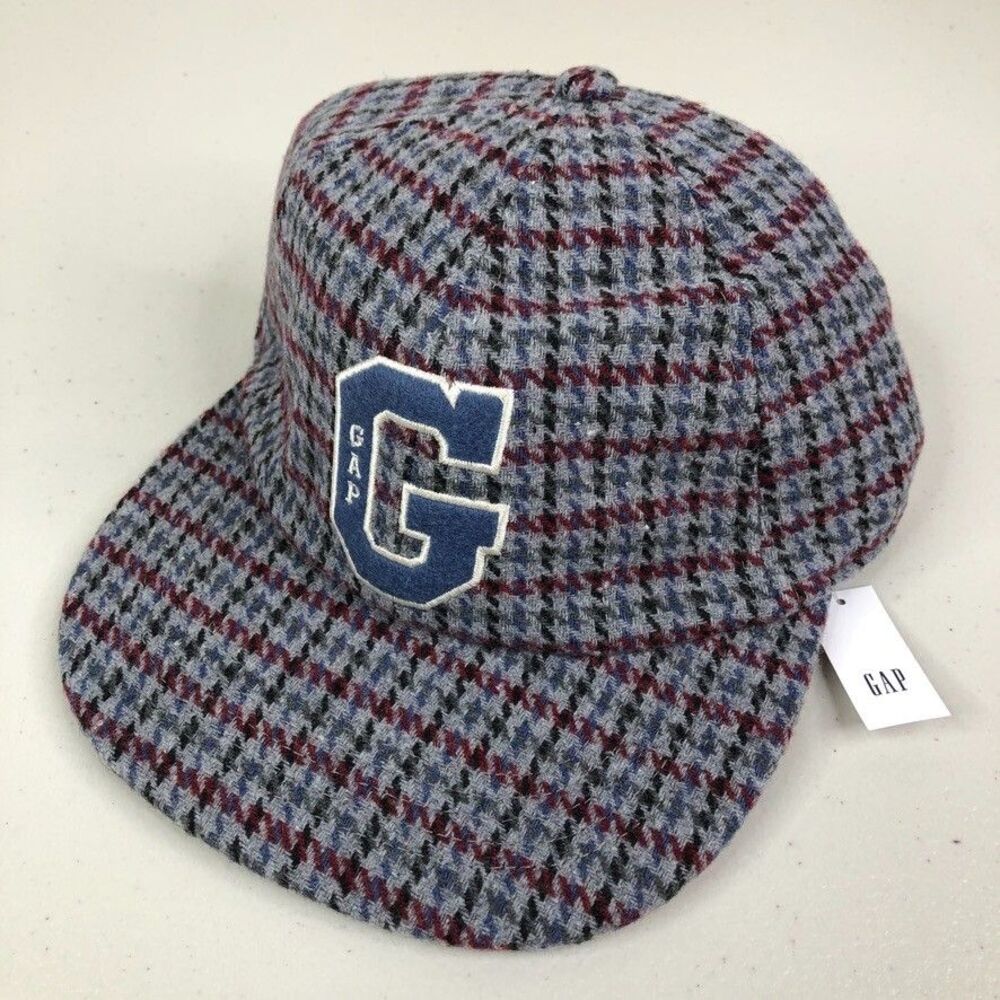 GAP Hat Grey Houndstooth Varsity Logo Wool Blend Strapback Baseball Cap NWT New
